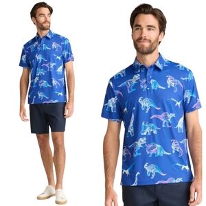 Birdie Bound Men's Short Sleeve Blue Dinosaur Print Golf Polo Shirt - Size XL
